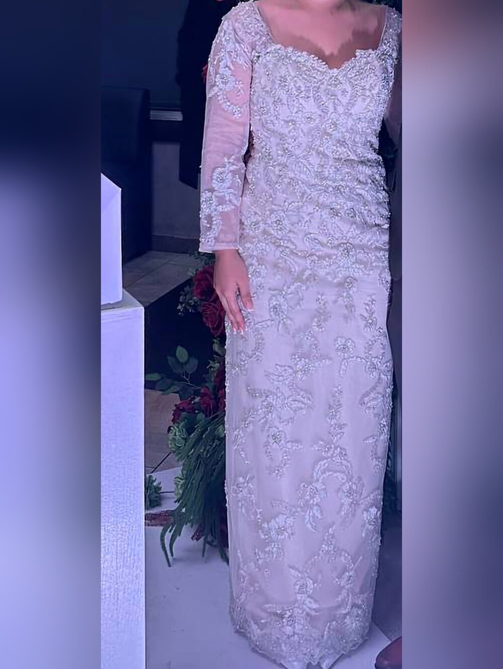 Embellished Long-Sleeve Ivory Lace Gown